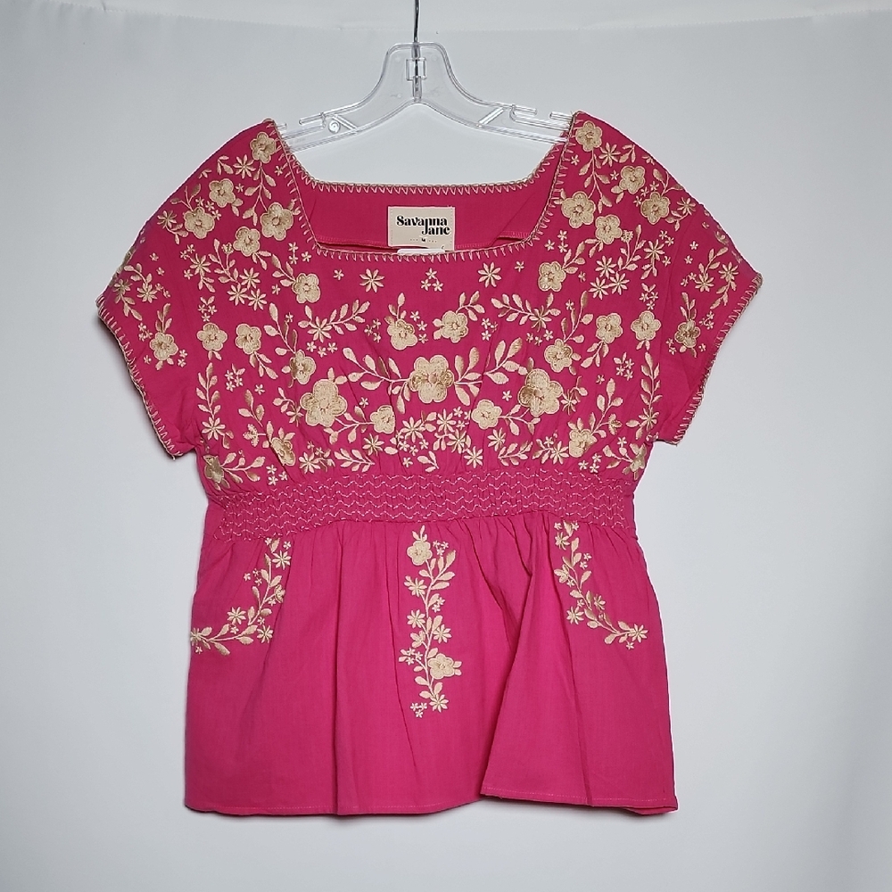 SAVANNA JANE Pink Floral Embroidered Peasant Top